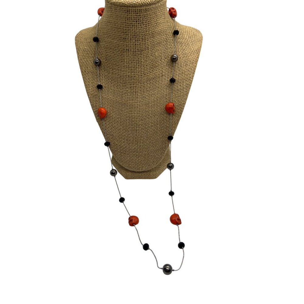 Orange Skull Beaded Necklace Black Faceted Glass Beads Gothic Adjustable 36"